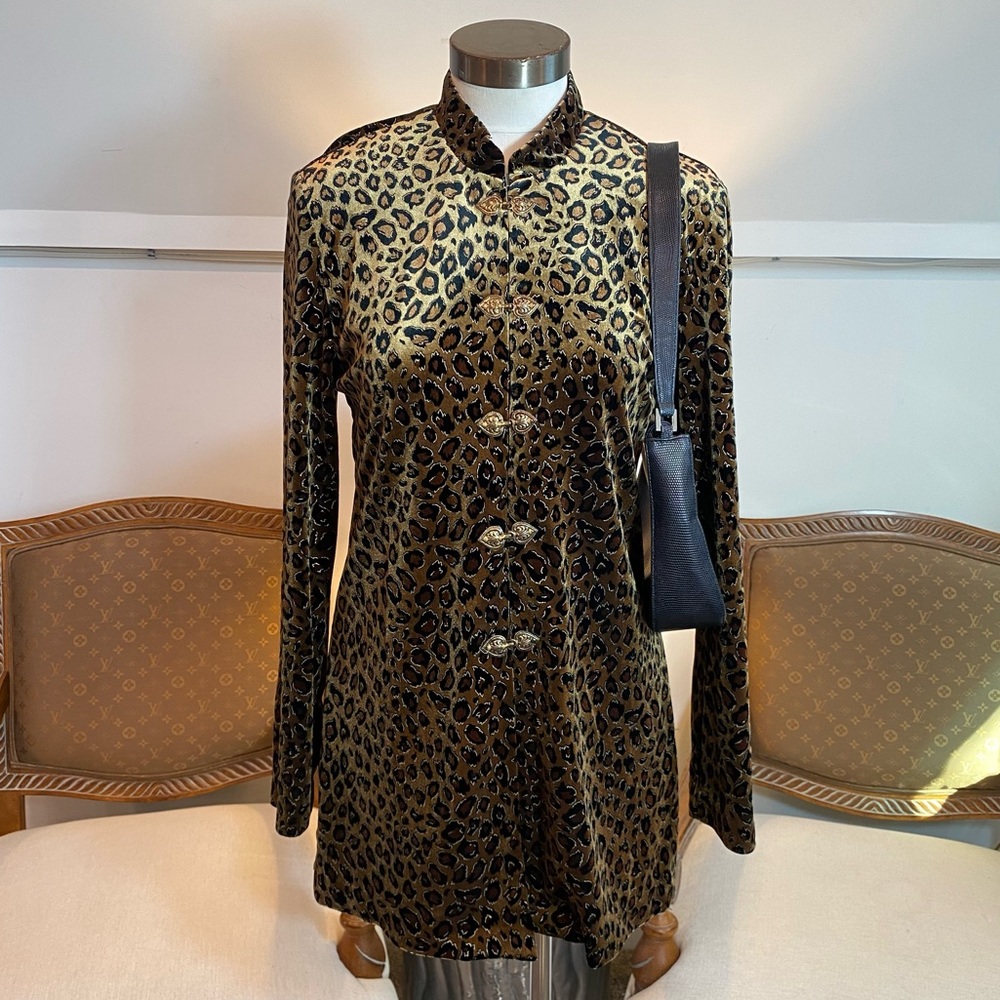 Vintage 1980s Brown & Gold Velvet Leopard Print Long Sleeve Blazer Dress, Size M